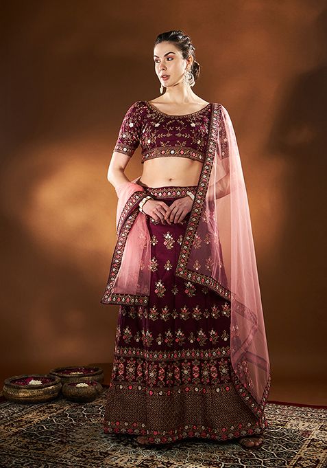 Blue Thread Embroidered Silk Blend Lehenga Set