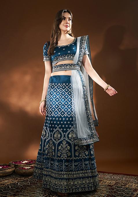 Blue Thread Embroidered Silk Blend Lehenga Set