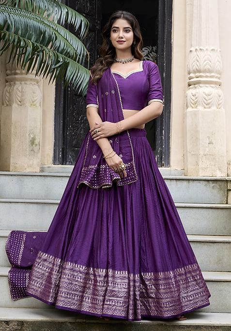 Dark Purple Zari Woven Pure Chanderi Lehenga Set