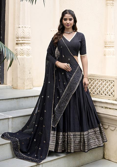 Black Zari Woven Pure Chanderi Lehenga Set