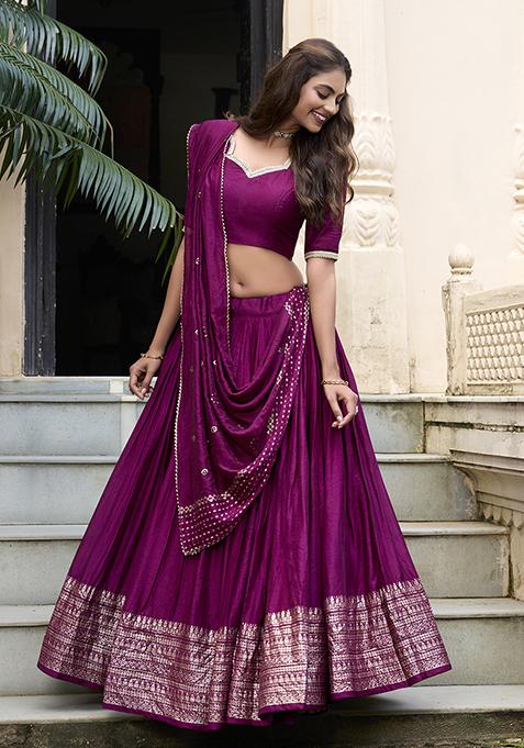 Wine Zari Woven Pure Chanderi Lehenga Set