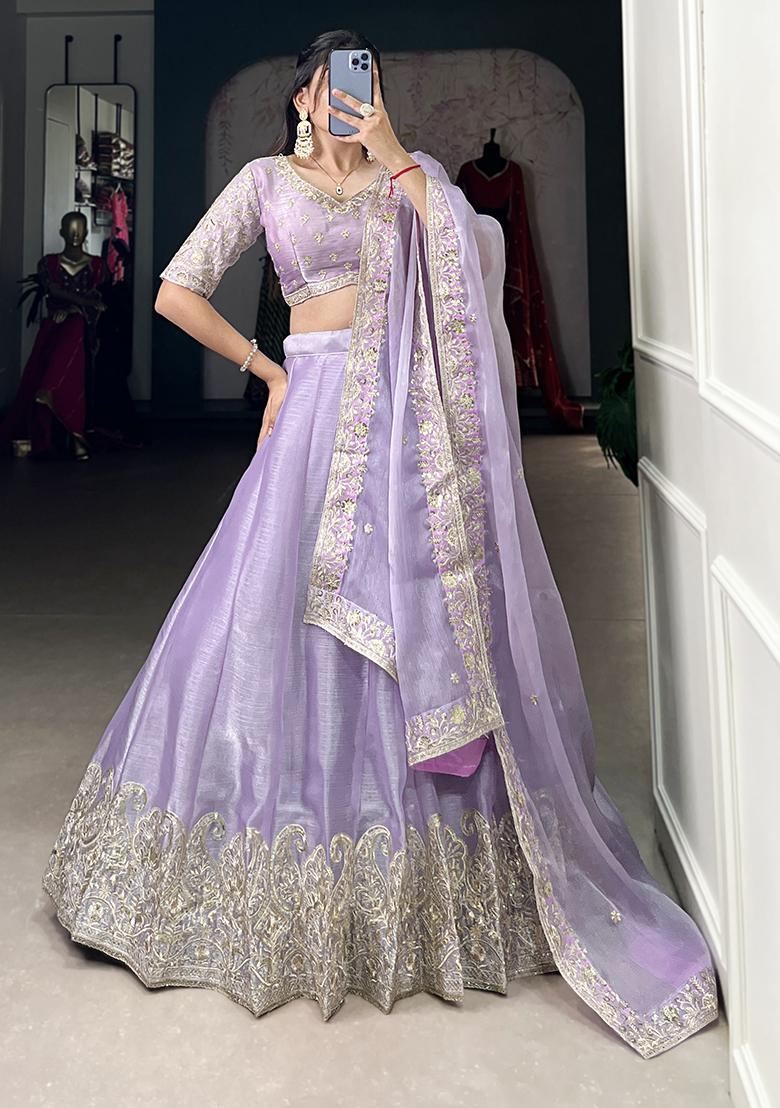 Buy Women Lavender Sequin Embroidered Burberry Silk Lehenga Set