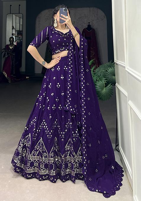 Purple Sequin Thread Embroidered Georgette Lehenga Set