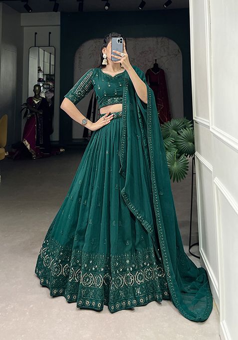 Bottle Green Sequin Thread Embroidered Georgette Lehenga Set