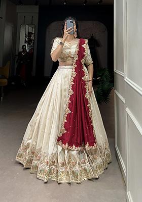 Off White Sequin Thread Embroidered Vichitra Silk Lehenga Set