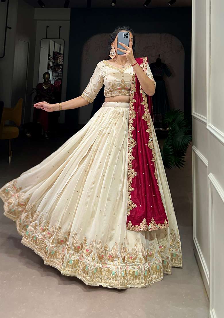 Off White Sequin Thread Embroidered Vichitra Silk Blend Lehenga Set for Diwali and Festive Wear - Indya