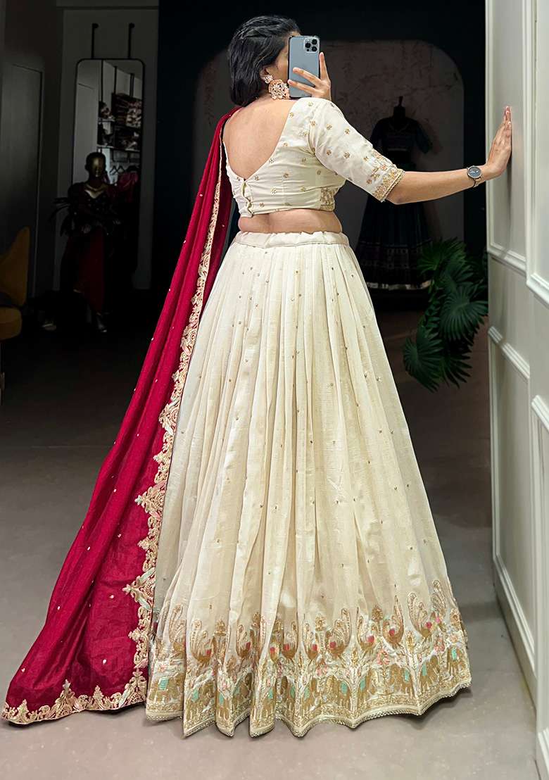 Off White Sequin Thread Embroidered Vichitra Silk Blend Lehenga Set for Diwali and Festive Wear - Indya