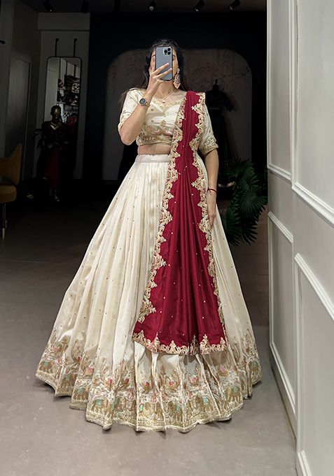 Off White Sequin Thread Embroidered Vichitra Silk Lehenga Set