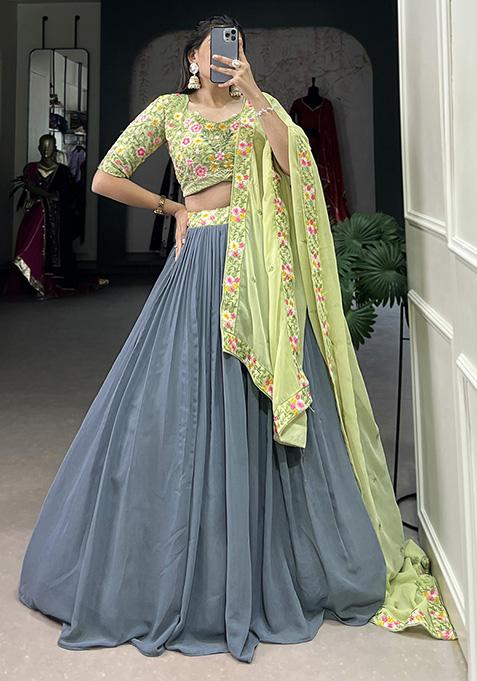 Grey Sequin Thread Embroidered Georgette Lehenga Set