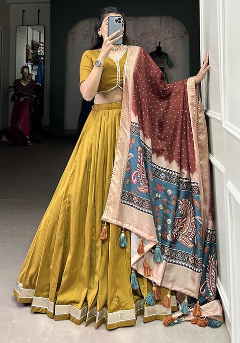 Mustard Solid Chinon Silk Lehenga Set