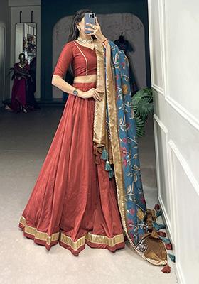Salmon Red Solid Chinon Silk Lehenga Set