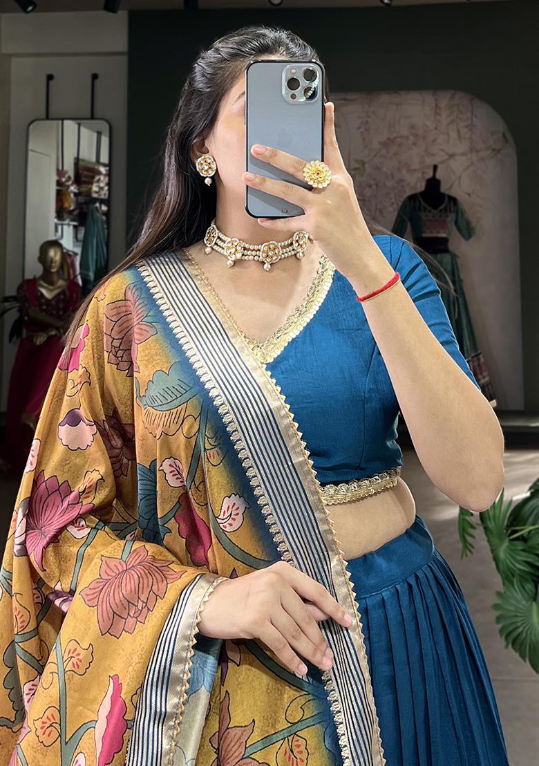 Buy Women Firozi Solid Chinon Silk Lehenga Set - XLH05538