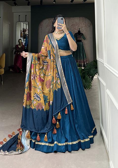 Firozi Solid Chinon Silk Lehenga Set