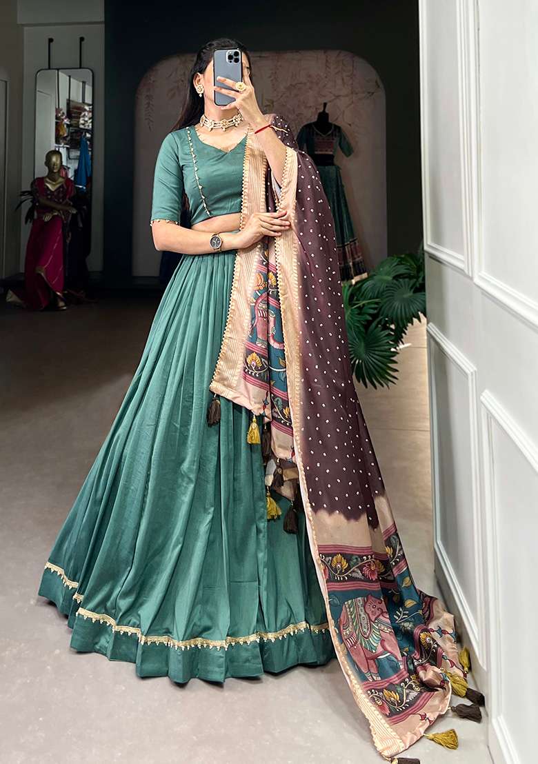 Sea Green Solid Chinon Silk Lehenga Set - Indya