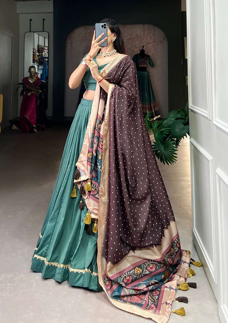 Sea Green Solid Chinon Silk Lehenga Set - Indya