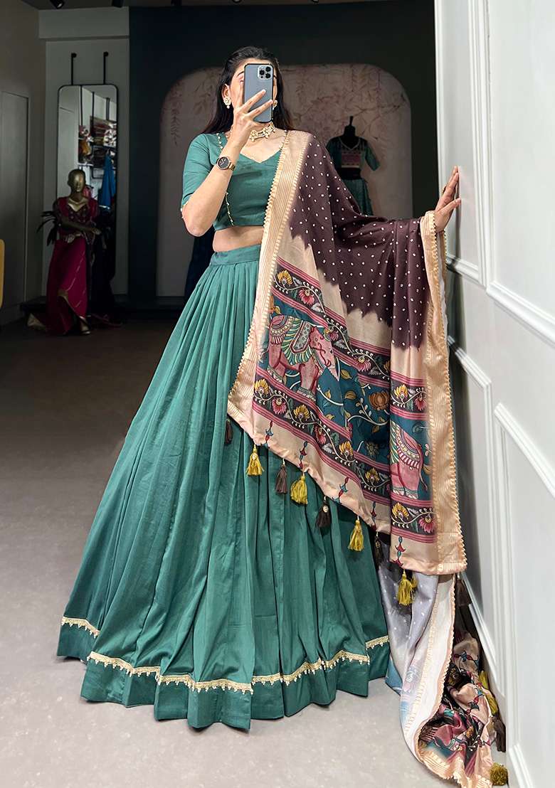 Sea Green Solid Chinon Silk Lehenga Set - Indya