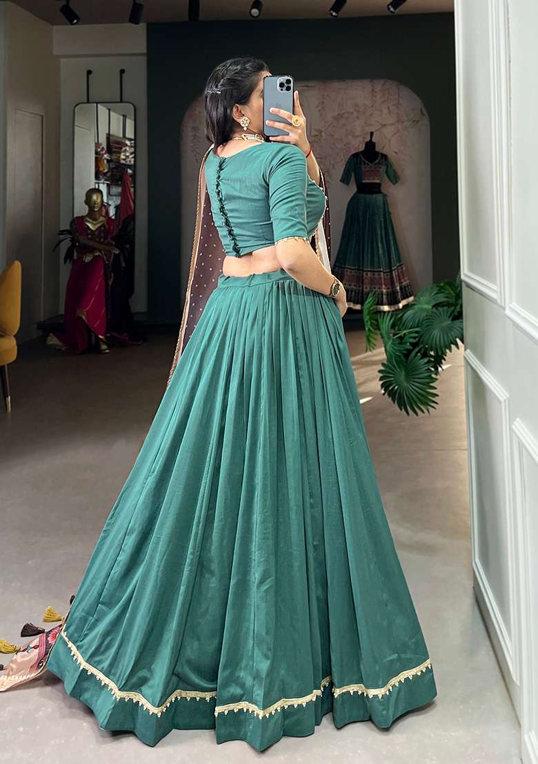Sea Green Solid Chinon Silk Lehenga Set - Indya