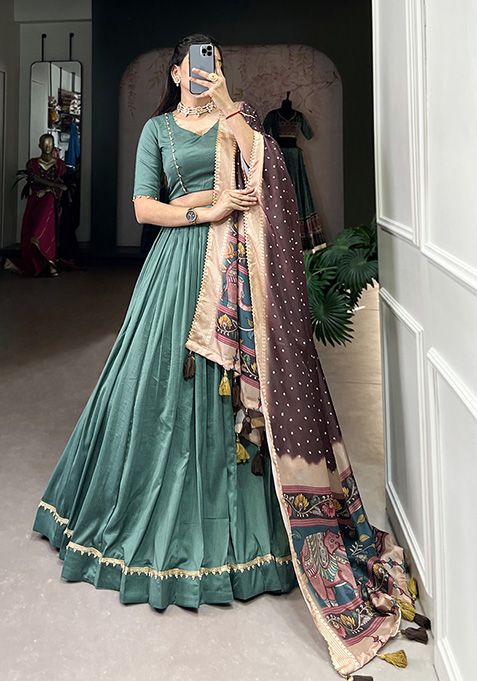 Sea Green Solid Chinon Silk Lehenga Set