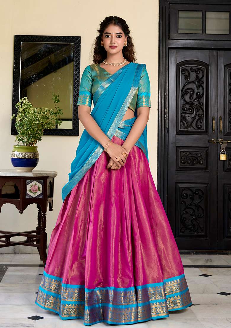 Pink Zari Woven Georgette Lehenga Set - Indya