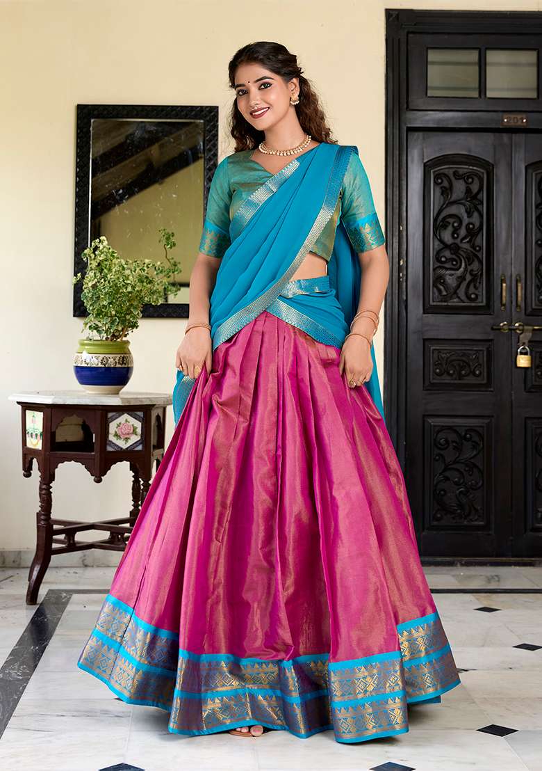 Pink Zari Woven Georgette Lehenga Set - Indya
