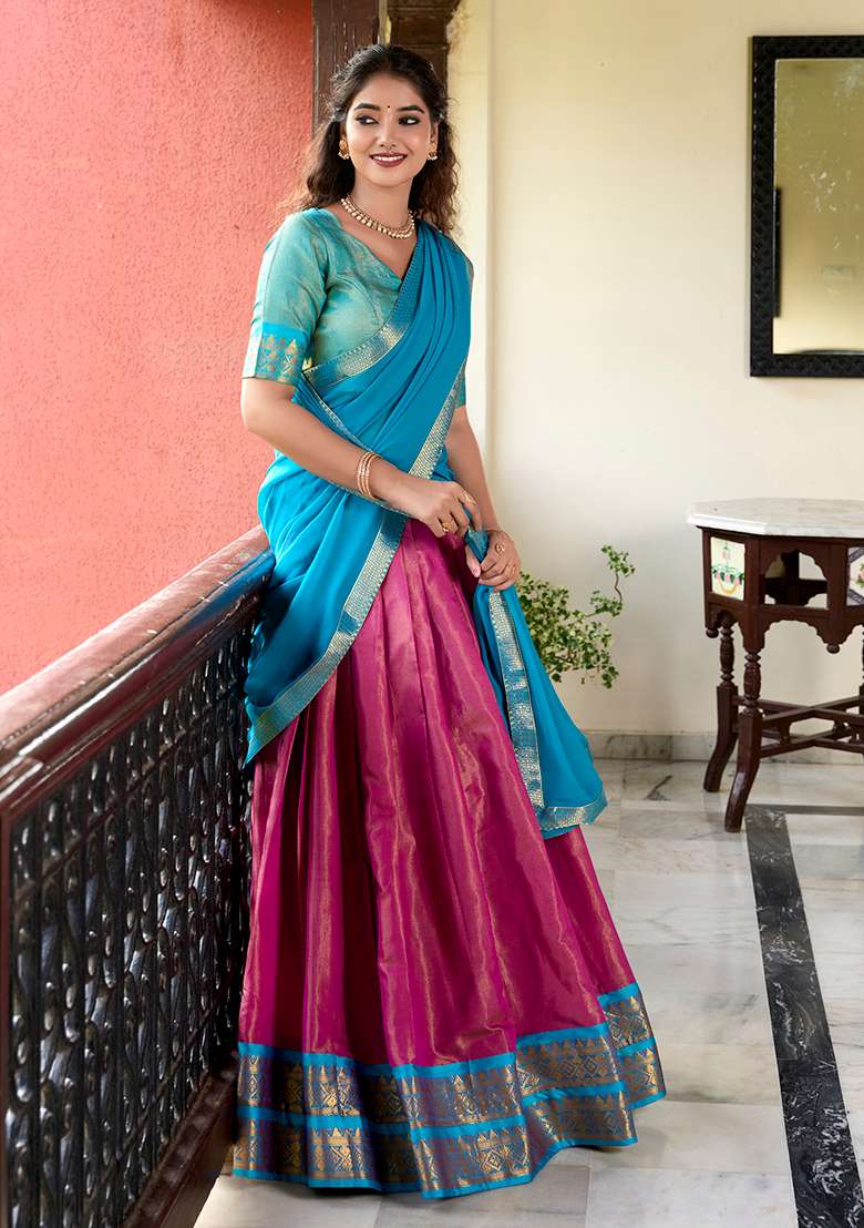 Pink Zari Woven Georgette Lehenga Set - Indya
