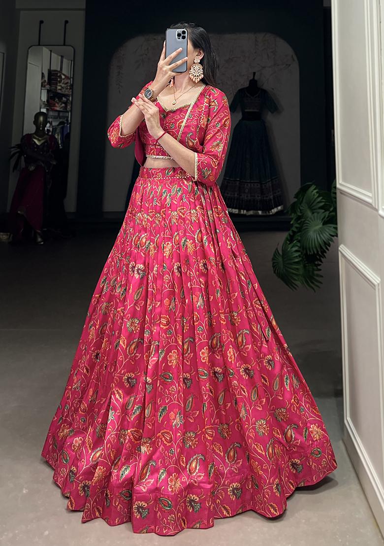 Pink Floral Print Tussar Silk Lehenga Set