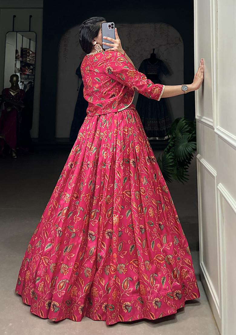 Pink Floral Print Tussar Silk Lehenga Set