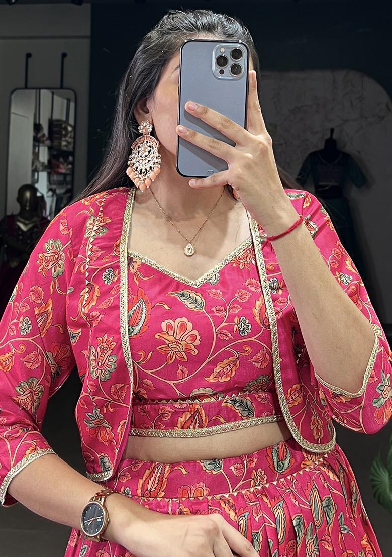 Pink Floral Print Tussar Silk Lehenga Set