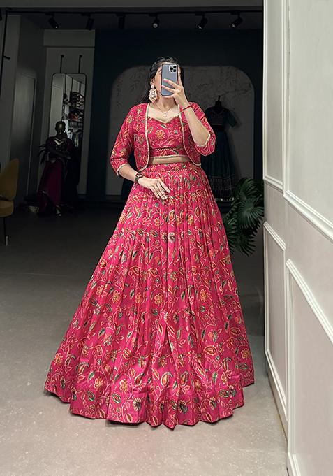 Pink Floral Print Tussar Silk Lehenga Set