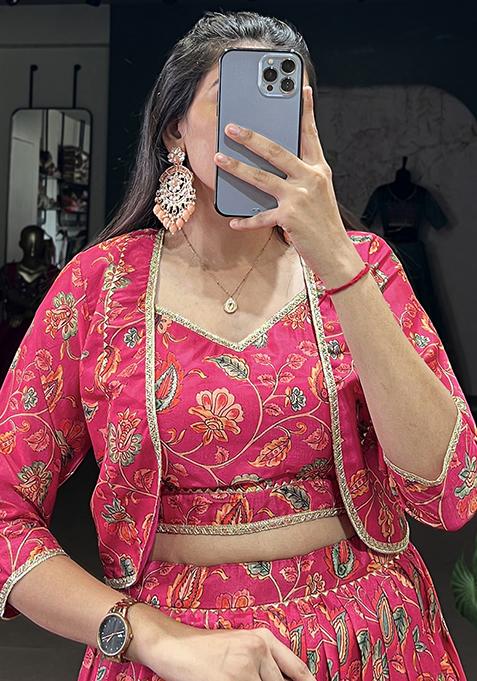 Pink Floral Print Tussar Silk Lehenga Set