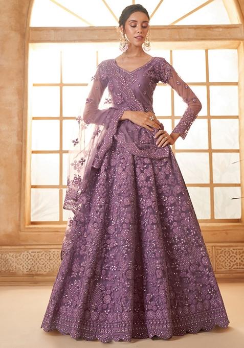 Light Purple Embroidered Net Lehenga Set