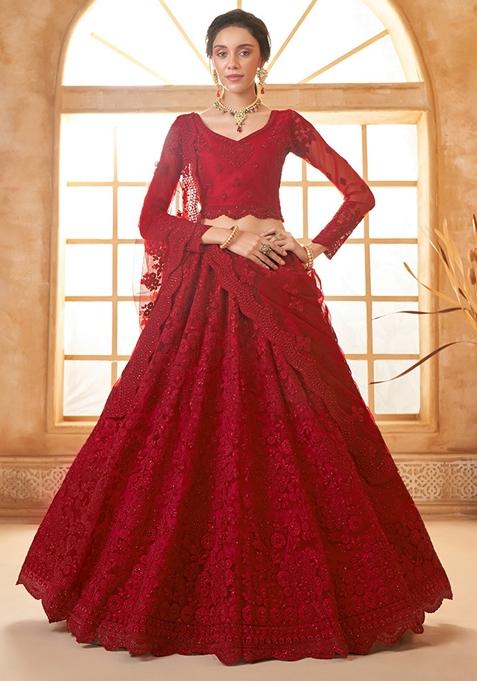 Red Embroidered Net Lehenga Set