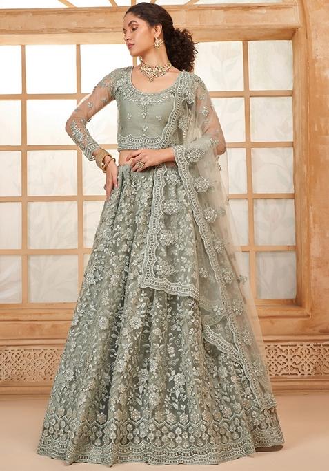 Grey Embroidered Net Lehenga Set