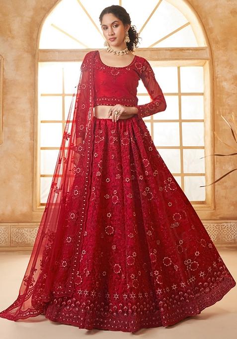 Red Embroidered Net Lehenga Set