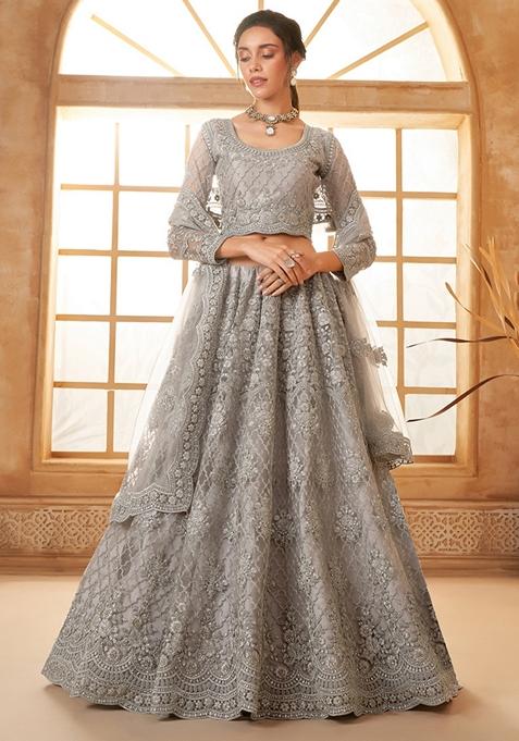 Grey Embroidered Net Lehenga Set