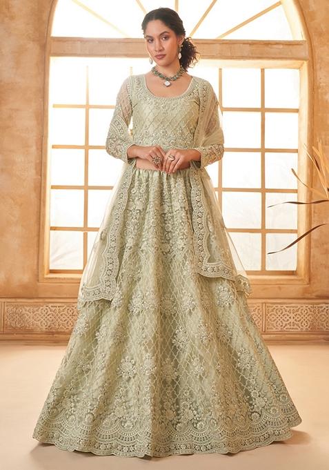 Light Green Embroidered Net Lehenga Set