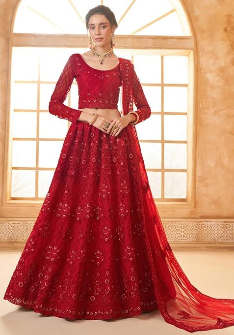 Red Embroidered Net Lehenga Set