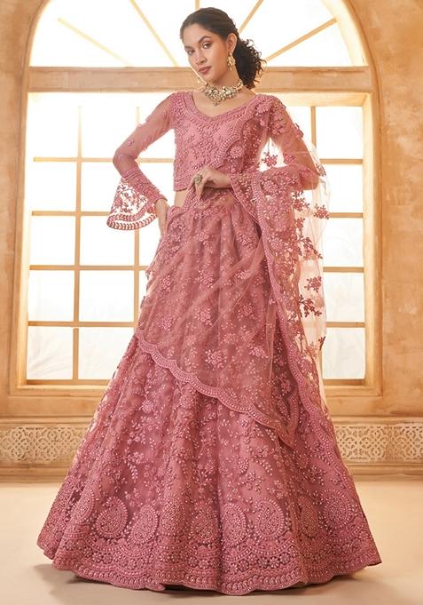 Peach Embroidered Net Lehenga Set