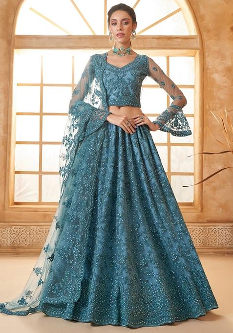 Aqua Blue Embroidered Net Lehenga Set