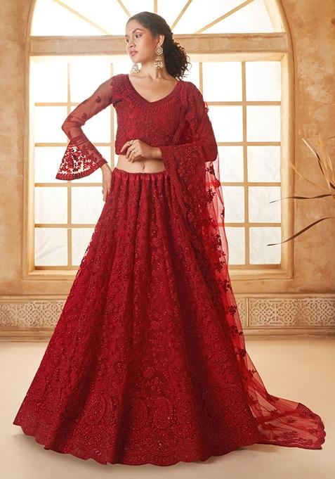 Red Embroidered Net Lehenga Set