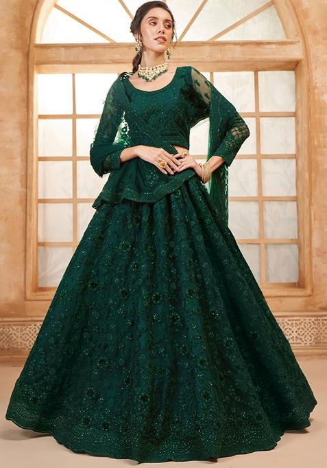 Green Embroidered Net Lehenga Set