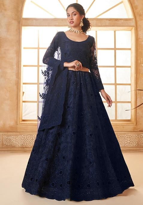 Blue Embroidered Net Lehenga Set