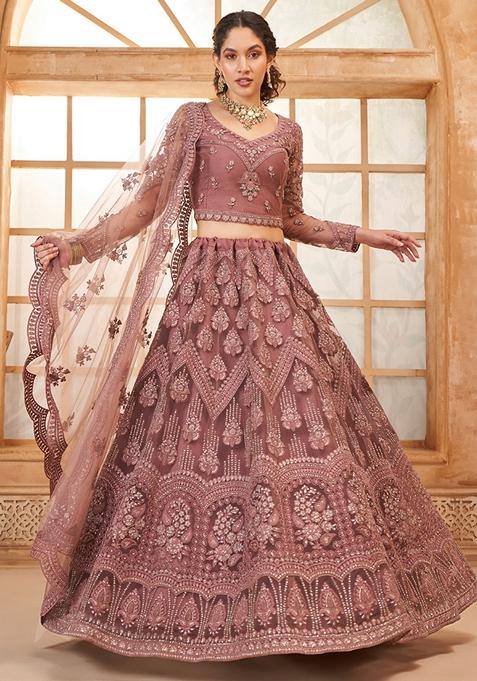 Onion Pink Embroidered Net Lehenga Set