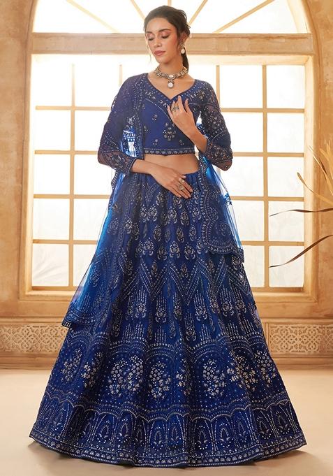 Blue Embroidered Net Lehenga Set