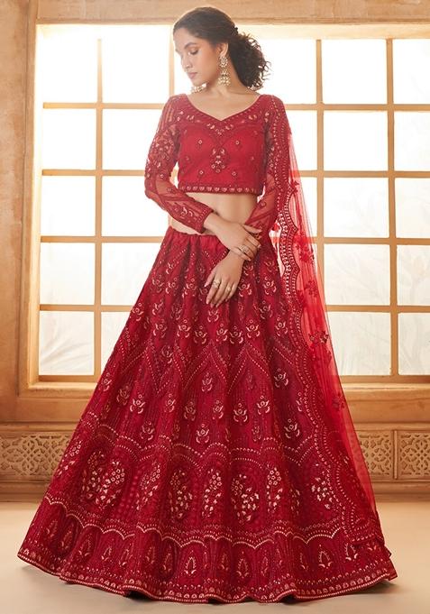 Red Embroidered Net Lehenga Set