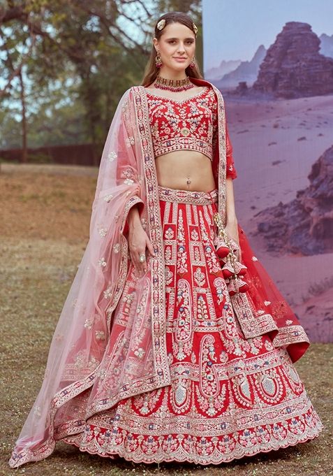 Red Embroidered Silk Lehenga Set