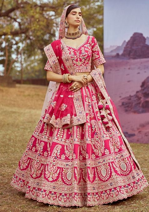 Pink Embroidered Silk Lehenga Set