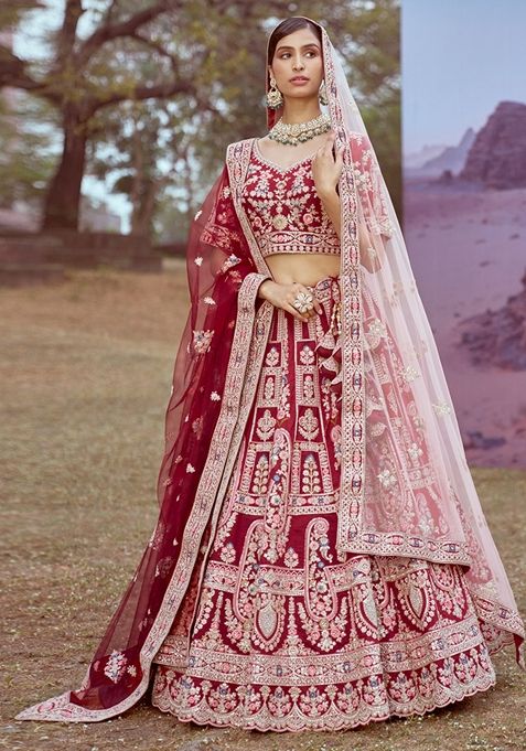 Maroon Embroidered Silk Lehenga Set