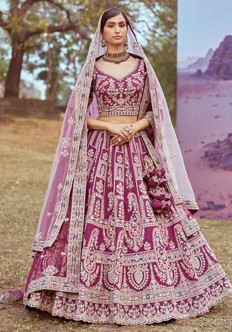 Purple Embroidered Silk Lehenga Set