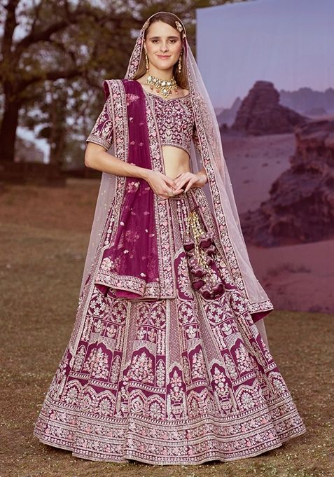 Purple Embroidered Silk Lehenga Set